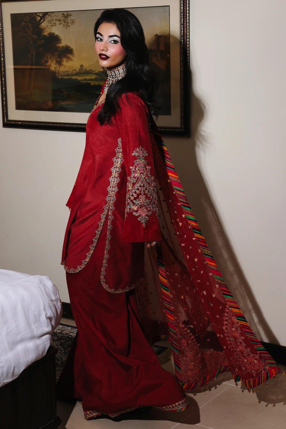 CMA-5-085 – Charizma Mi-Amor Red Raw Silk Sharara Suit with embroidered shirt, sharara lace, and net dupatta from Pakistanimoda.