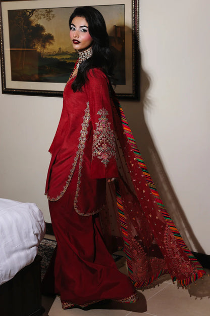 CMA-5-085 – Charizma Mi-Amor Red Raw Silk Sharara Suit with embroidered shirt, sharara lace, and net dupatta from Pakistanimoda.