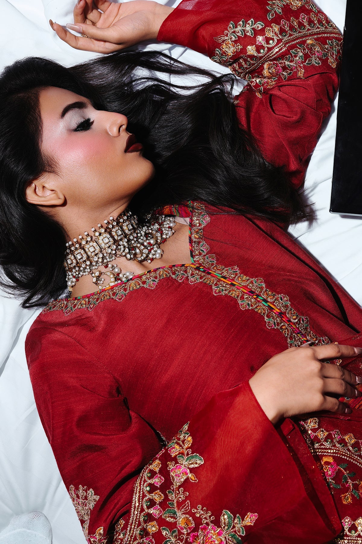 CMA-5-085 – Charizma Mi-Amor Red Raw Silk Sharara Suit with embroidered shirt, sharara lace, and net dupatta from Pakistanimoda.