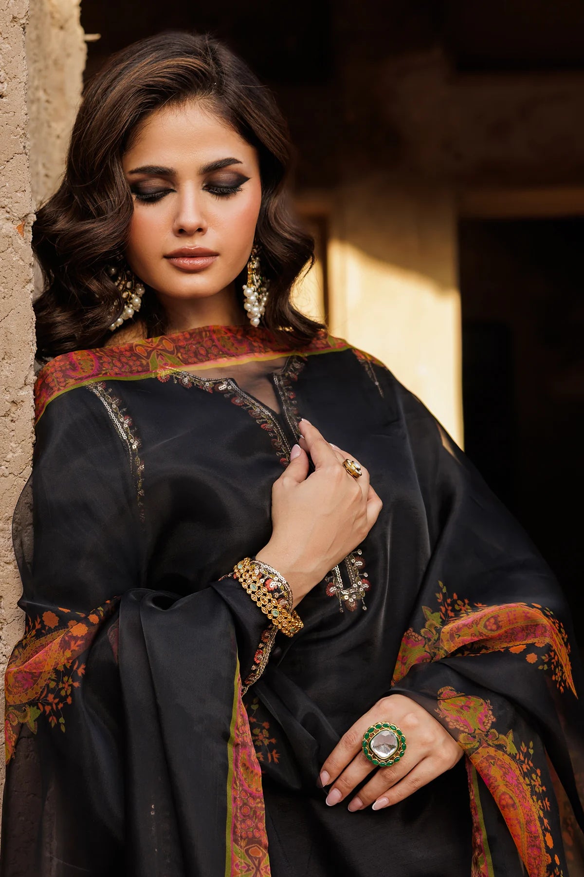 Charizma Mi-Amor CMA-5-086 black embroidered raw silk suit with organza dupatta at Pakistanimoda, shipping worldwide.