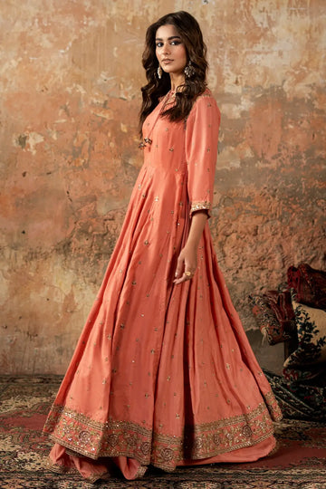 Charizma CMA-5-087 peach silk embroidered pishwas with sharara and net dupatta