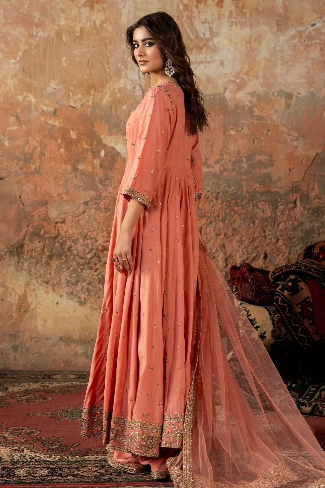 Charizma CMA-5-087 peach silk embroidered pishwas with sharara and net dupatta