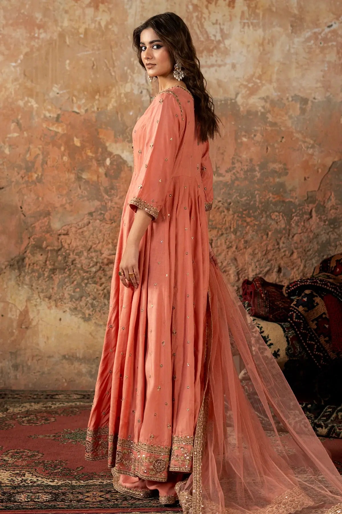 Charizma CMA-5-087 peach silk embroidered pishwas with sharara and net dupatta