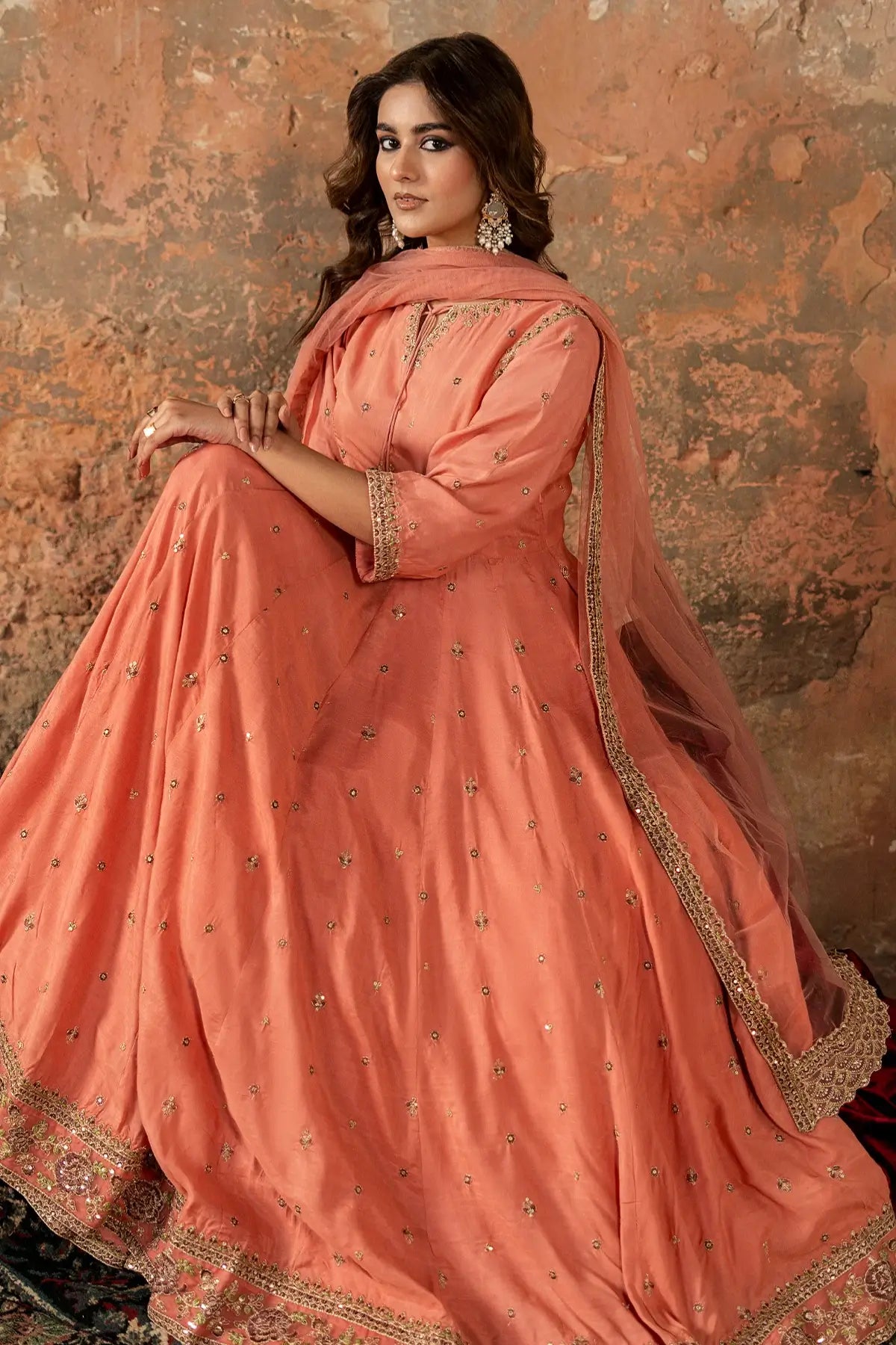 Charizma CMA-5-087 peach silk embroidered pishwas with sharara and net dupatta