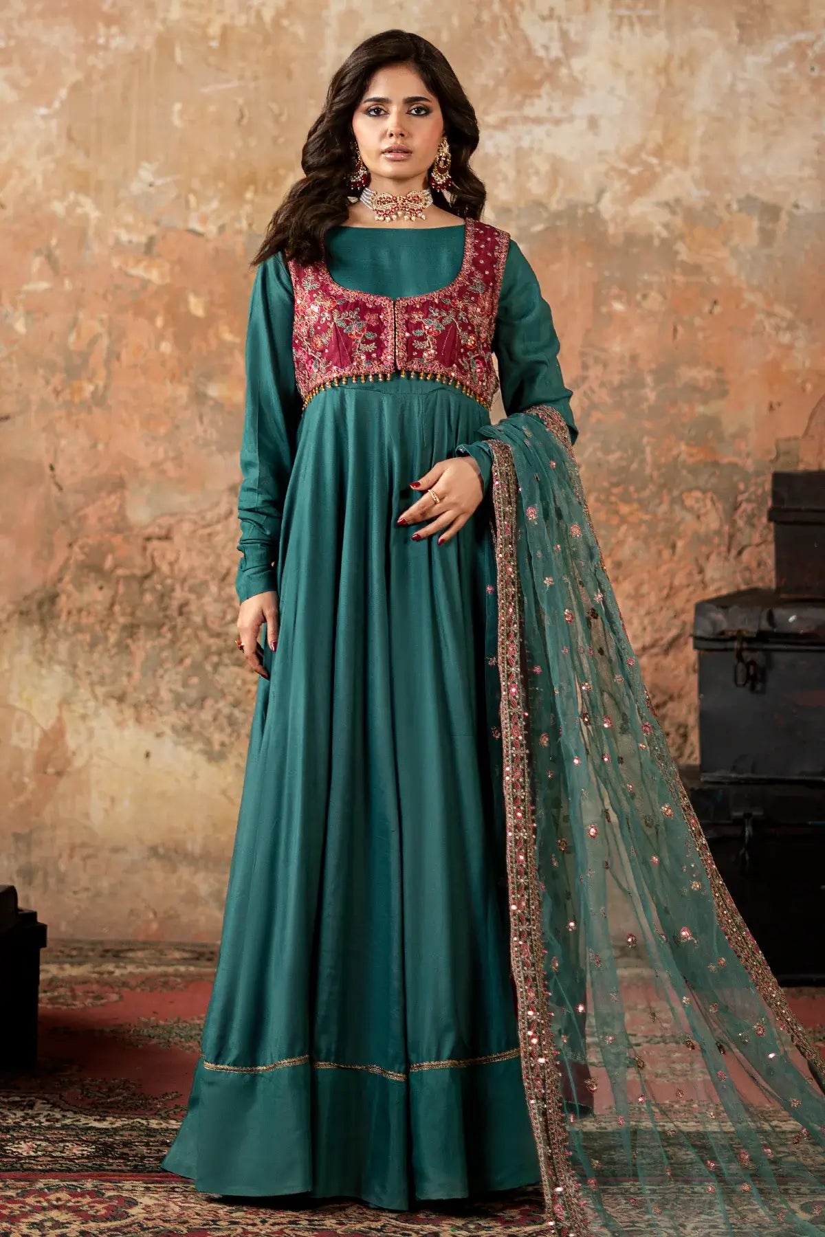 Charizma CMA-5-089 teal silk pishwas with embroidered waistcoat and net dupatta