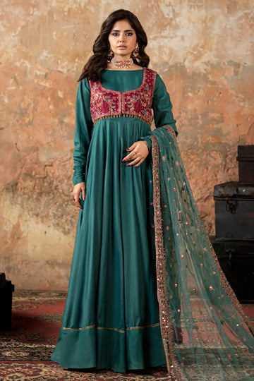 Charizma CMA-5-089 teal silk pishwas with embroidered waistcoat and net dupatta