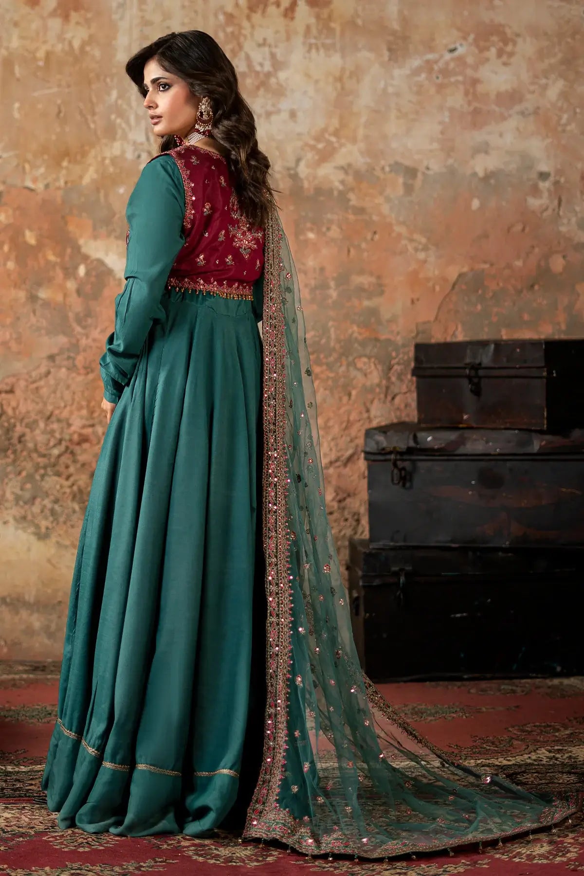 Charizma CMA-5-089 teal silk pishwas with embroidered waistcoat and net dupatta