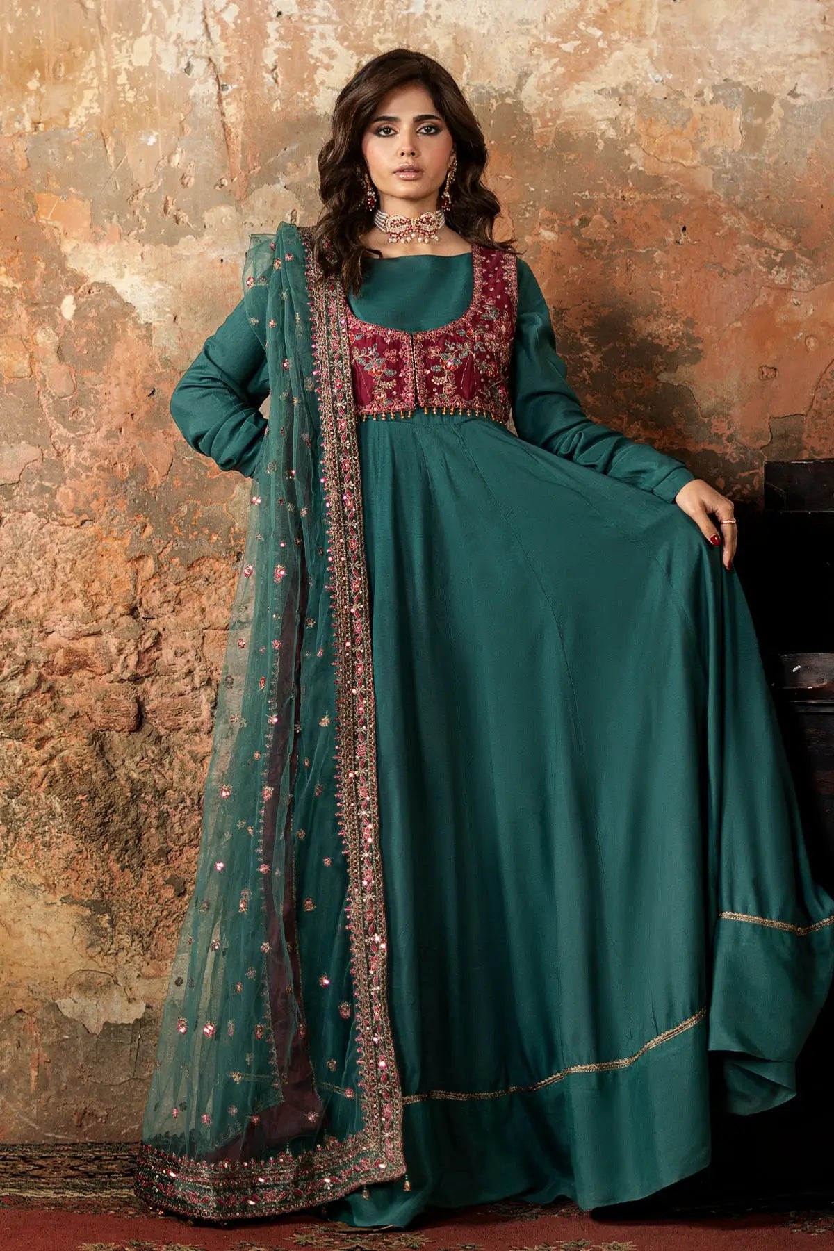 Charizma CMA-5-089 teal silk pishwas with embroidered waistcoat and net dupatta