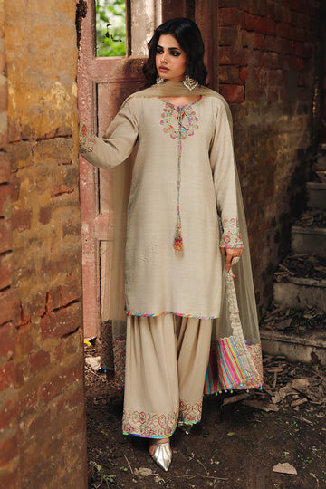 CMA-5-091 Beige Charizma Mi-Amor Luxury Silk 3PC Embroidered Ensemble with Dupatta – Pakistanimoda