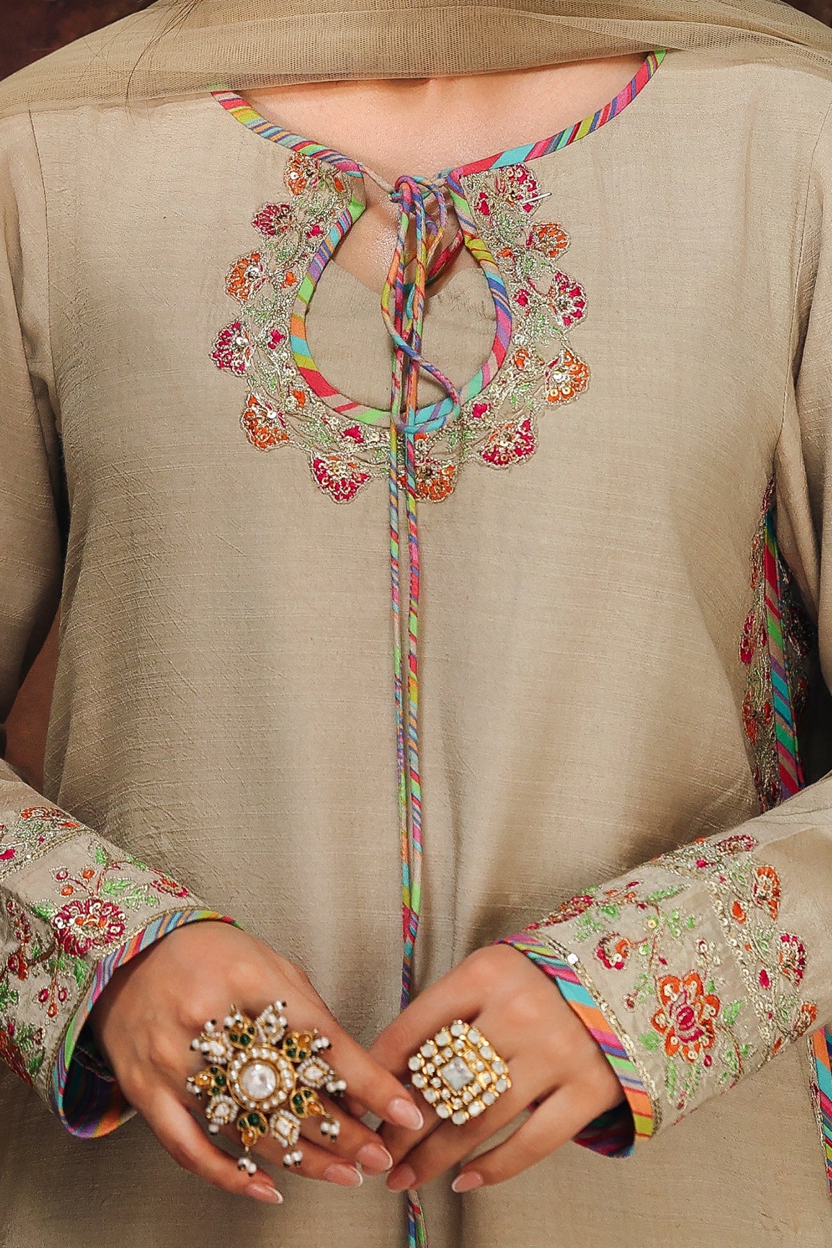 CMA-5-091 Beige Charizma Mi-Amor Luxury Silk 3PC Embroidered Ensemble with Dupatta – Pakistanimoda