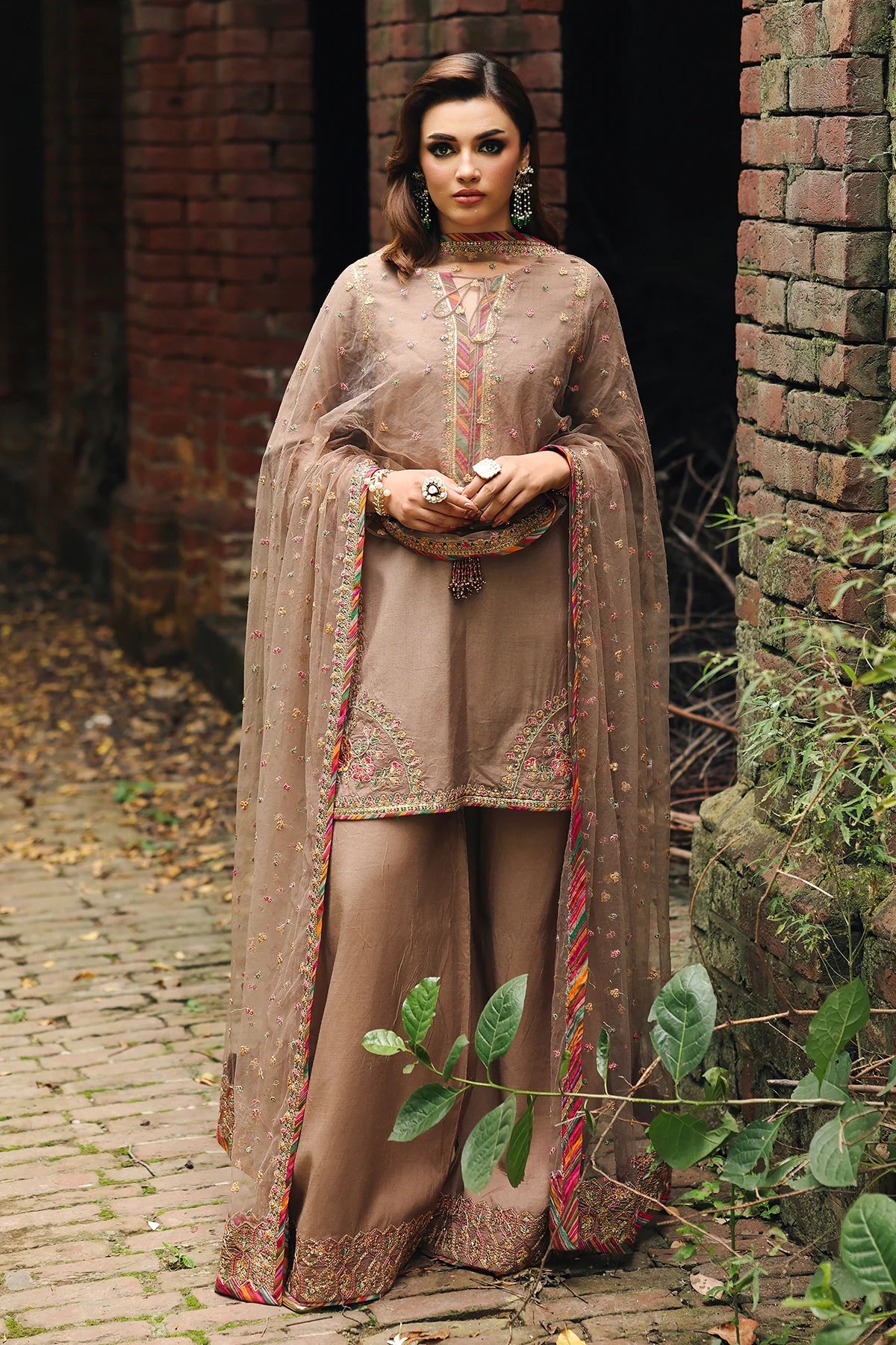 CMA-5-092 Mocha Brown Charizma Raw Silk Embroidered 3PC Outfit with Net Dupatta – Pakistanimoda