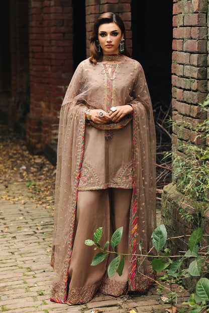 CMA-5-092 Mocha Brown Charizma Raw Silk Embroidered 3PC Outfit with Net Dupatta – Pakistanimoda