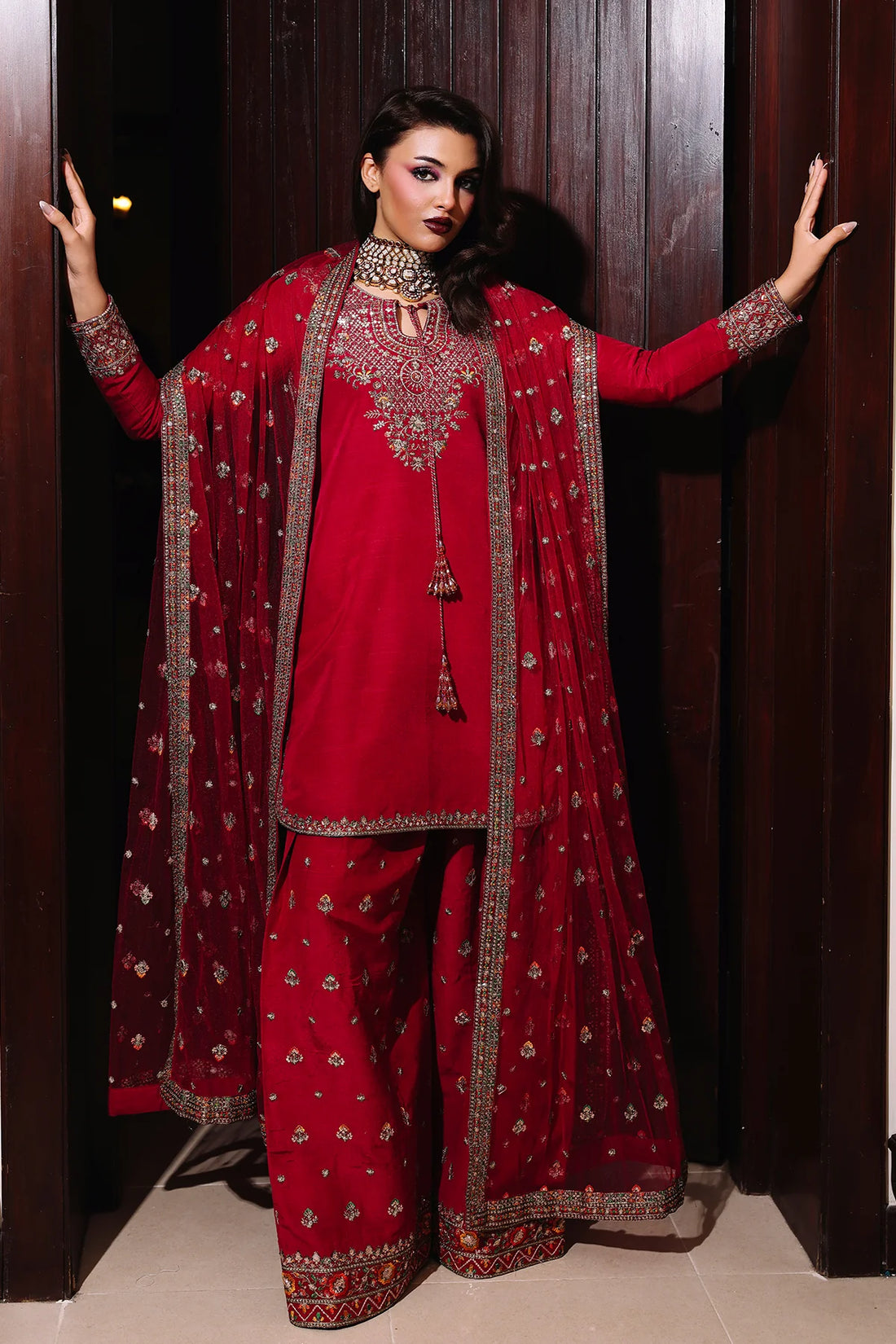 CMA-5-093 Charizma red raw silk 3PC embroidered Pret’25 suit online