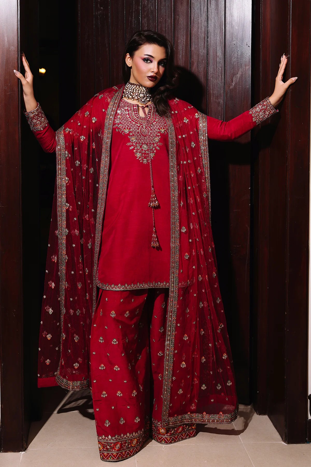 CMA-5-093 Charizma red raw silk 3PC embroidered Pret’25 suit online