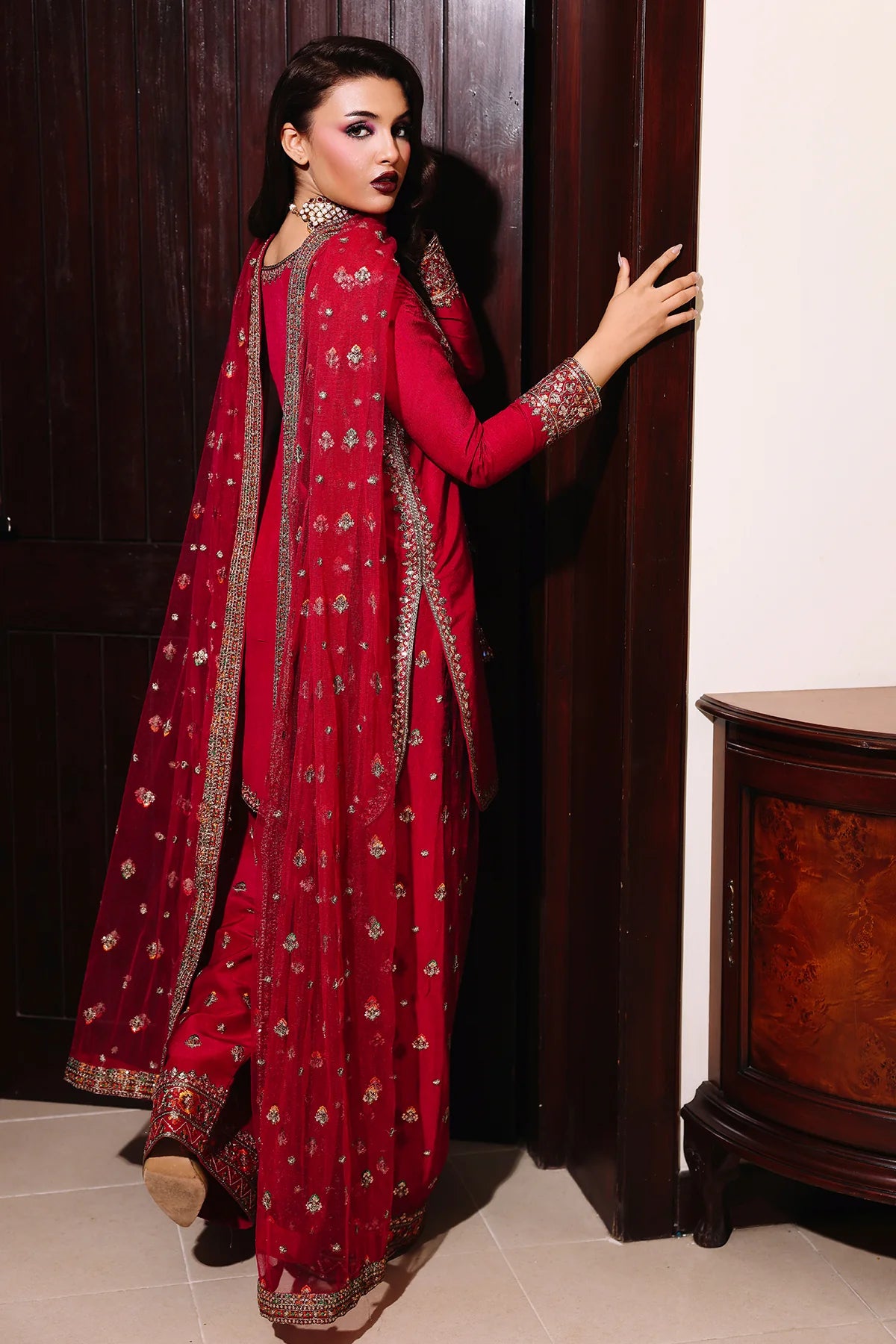 CMA-5-093 Charizma red raw silk 3PC embroidered Pret’25 suit online