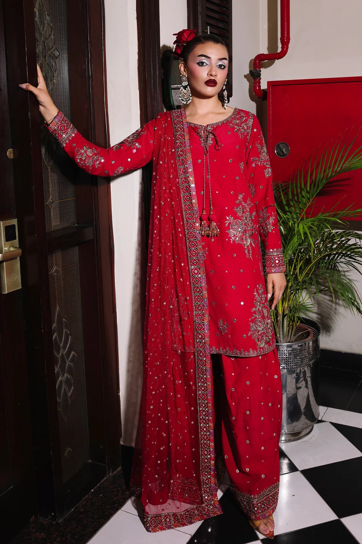 CMA-5-096 – Charizma Mi-Amor Red Raw Silk Embroidered 3PC Suit with dupatta and trouser, perfect for weddings, at Pakistanimoda online.