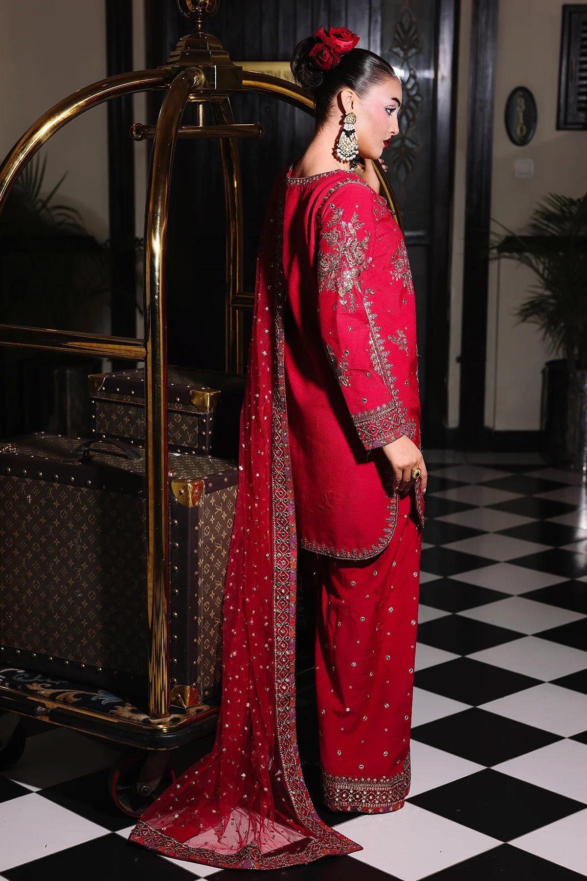 CMA-5-096 – Charizma Mi-Amor Red Raw Silk Embroidered 3PC Suit with dupatta and trouser, perfect for weddings, at Pakistanimoda online.
