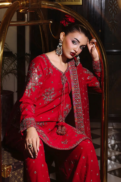 CMA-5-096 – Charizma Mi-Amor Red Raw Silk Embroidered 3PC Suit with dupatta and trouser, perfect for weddings, at Pakistanimoda online.