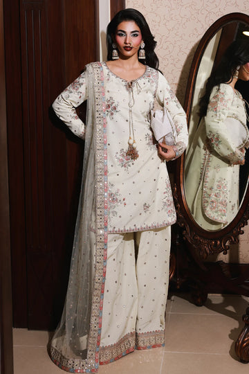 CMA-5-097 – Charizma Mi-Amor White Raw Silk Embroidered 3PC Suit with dupatta and trouser, available online at Pakistanimoda.