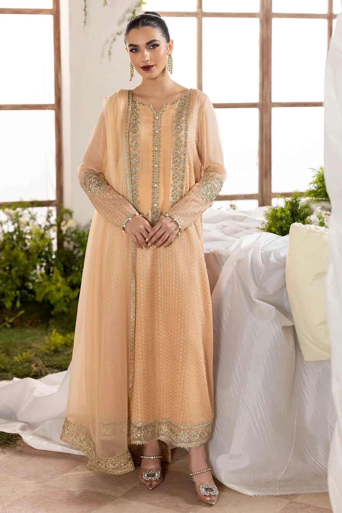 CMA-5-099 Charizma Peach Chiffon 3PC Embroidered Suit – designer outfit with adda work shirt, raw silk trouser & chiffon dupatta. Shop at Pakistanimoda.com.