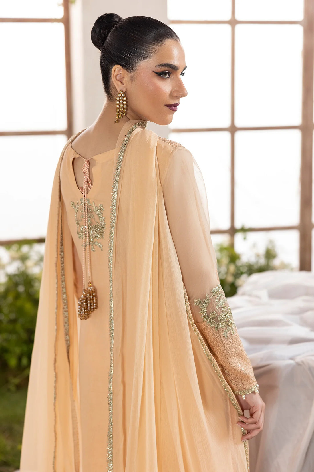 CMA-5-099 Charizma Peach Chiffon 3PC Embroidered Suit – designer outfit with adda work shirt, raw silk trouser & chiffon dupatta. Shop at Pakistanimoda.com.
