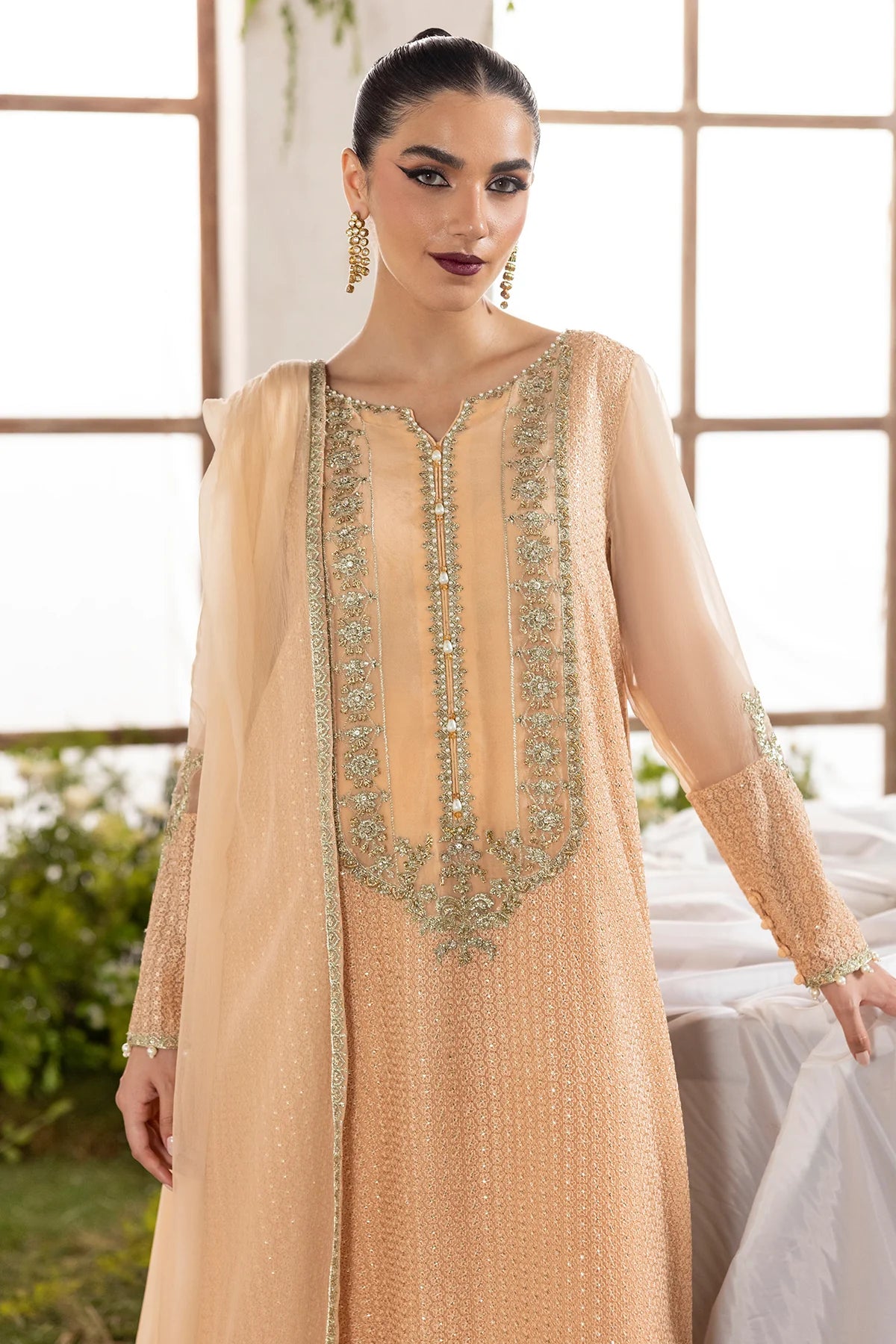 CMA-5-099 Charizma Peach Chiffon 3PC Embroidered Suit – designer outfit with adda work shirt, raw silk trouser & chiffon dupatta. Shop at Pakistanimoda.com.