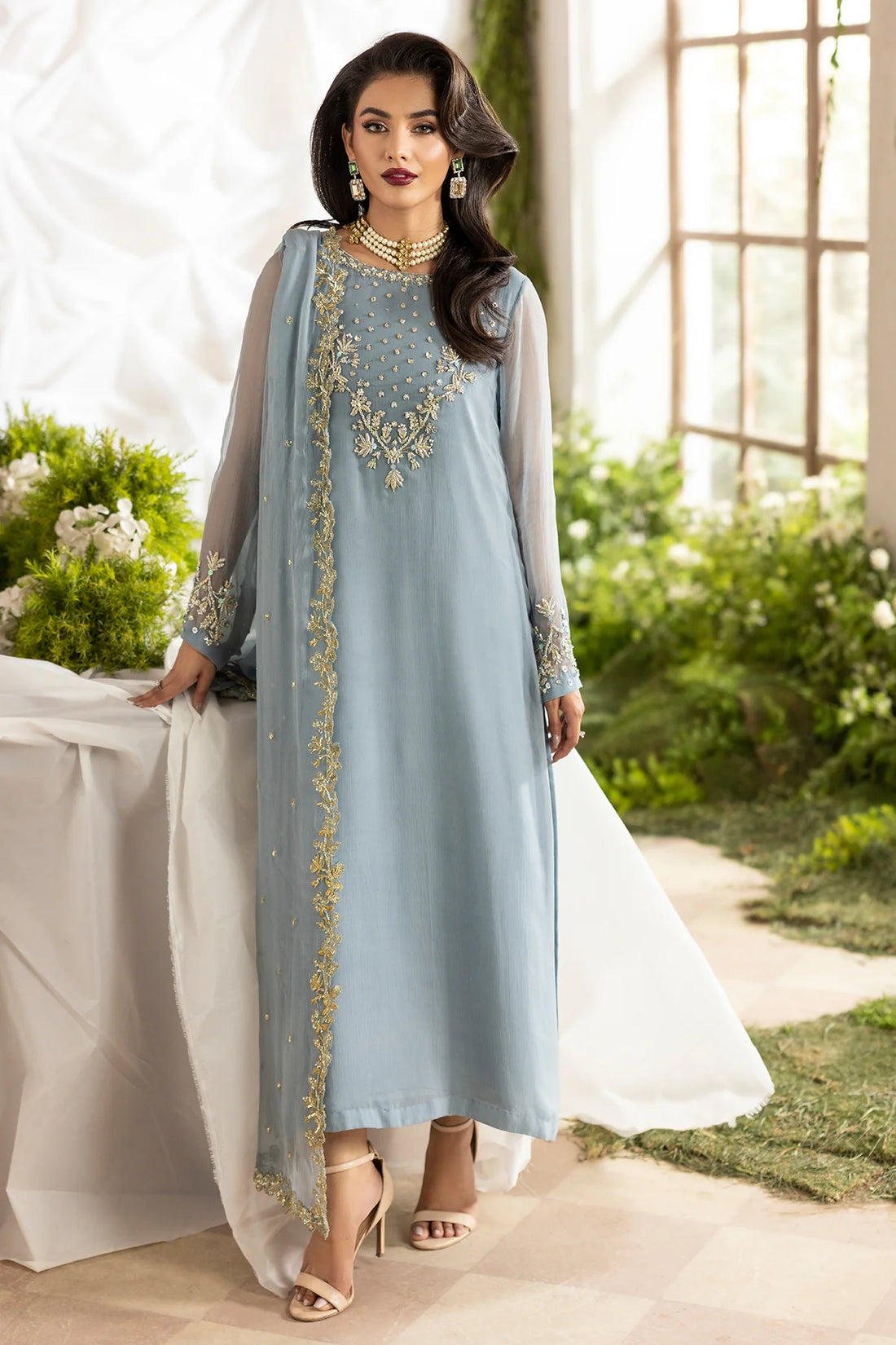 Charizma Fumes CMA-5-100 Powder Blue Luxury Chiffon Embroidered Suit – 3PC stitched dress with dupatta & trouser. Shop online at Pakistanimoda.com.