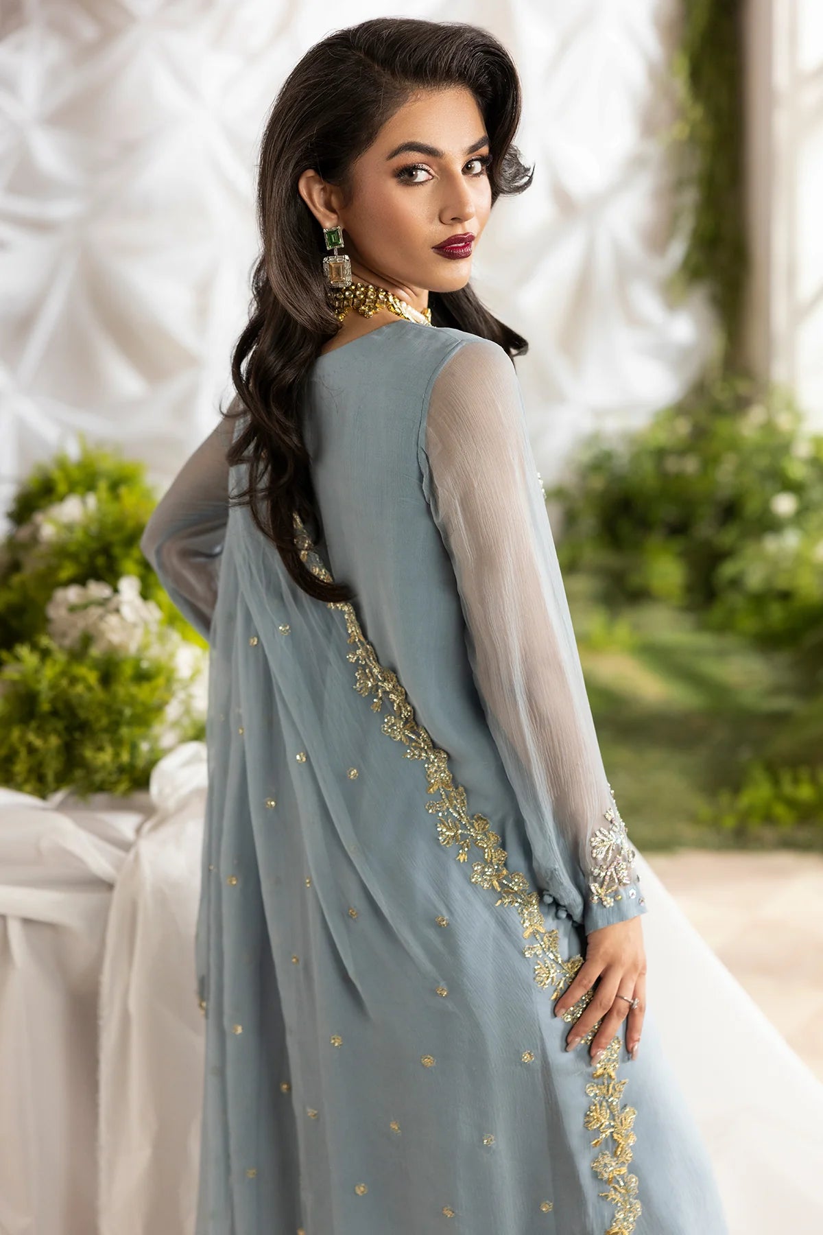 Charizma Fumes CMA-5-100 Powder Blue Luxury Chiffon Embroidered Suit – 3PC stitched dress with dupatta & trouser. Shop online at Pakistanimoda.com.