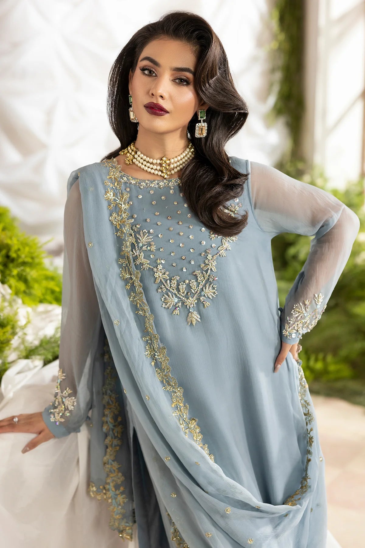 Charizma Fumes CMA-5-100 Powder Blue Luxury Chiffon Embroidered Suit – 3PC stitched dress with dupatta & trouser. Shop online at Pakistanimoda.com.