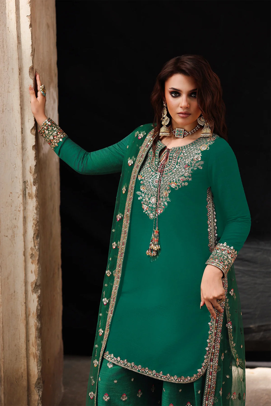 CMA-5-104 green raw silk embroidered shalwar kameez with polynet dupatta for party wear – Pakistanimoda.com.