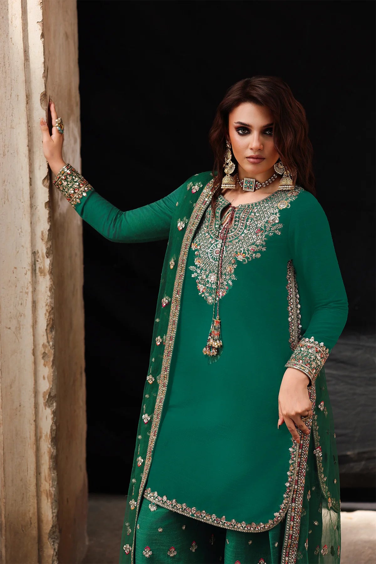CMA-5-104 green raw silk embroidered shalwar kameez with polynet dupatta for party wear – Pakistanimoda.com.