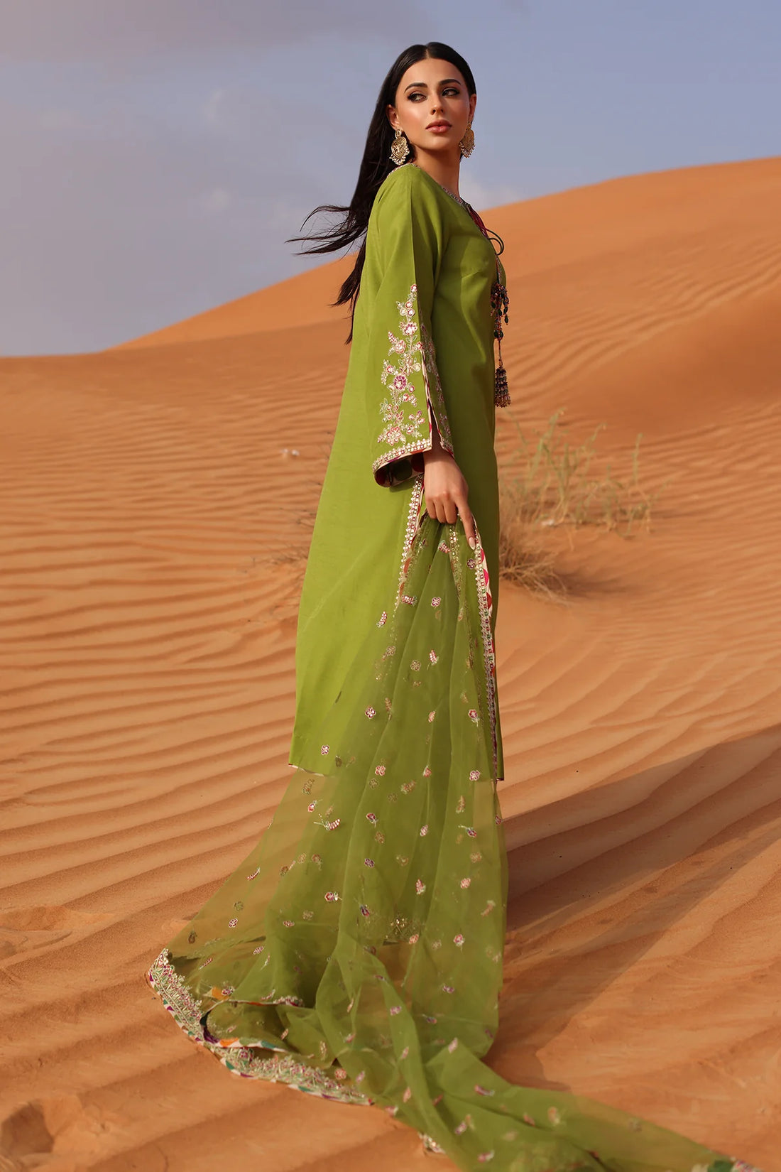 CMA-5-105 – Charizma Mi-Amor Green Raw Silk Embroidered 3PC Suit with tassel neckline, chattapatti dupatta, festive designer wear.