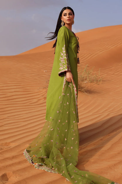 CMA-5-105 – Charizma Mi-Amor Green Raw Silk Embroidered 3PC Suit with tassel neckline, chattapatti dupatta, festive designer wear.