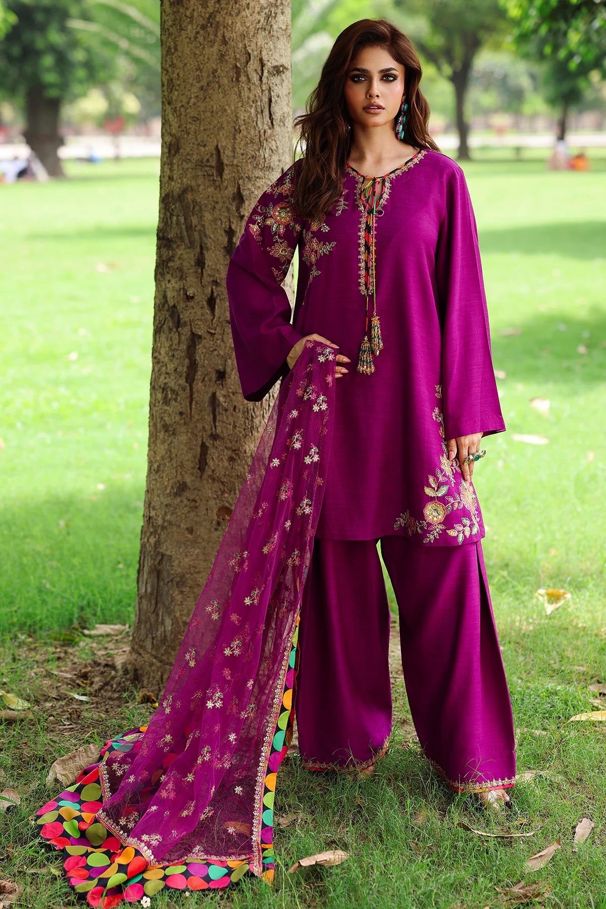 CMA-5-106 raw silk embroidered purple 3-piece suit with festive dupatta – Pakistanimoda.com.