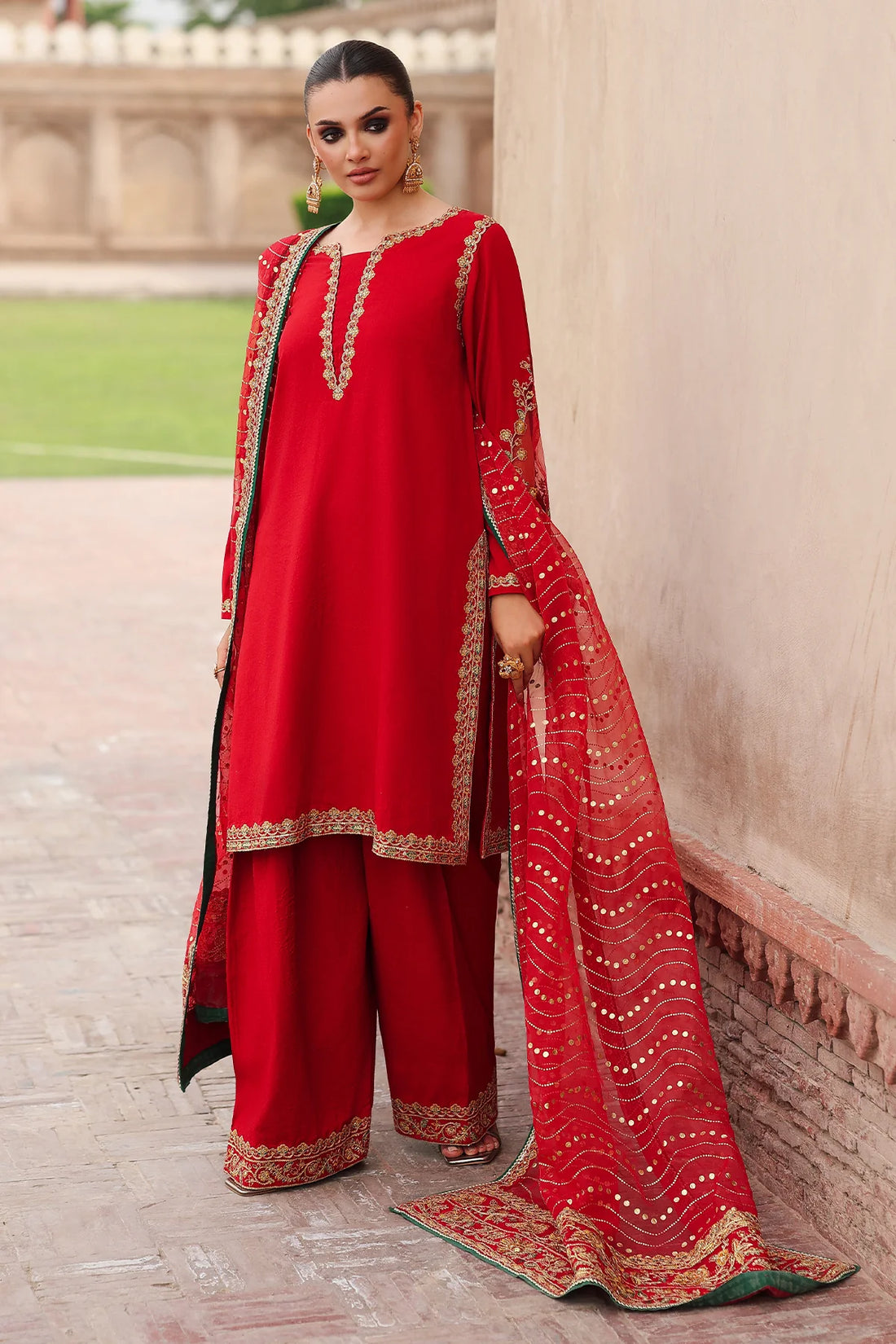Buy CMA-5-107 red raw silk embroidered 3-piece Pakistani suit with organza gold print dupatta online at Pakistanimoda.com – festive wear with delivery USA, UK, Canada.