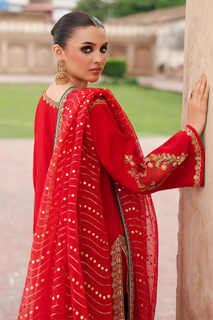 Buy CMA-5-107 red raw silk embroidered 3-piece Pakistani suit with organza gold print dupatta online at Pakistanimoda.com – festive wear with delivery USA, UK, Canada.