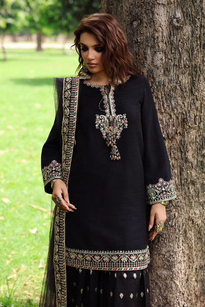 Charizma CMA-5-110A Mi-Amor black raw silk embroidered outfit – Pakistanimoda luxury collection.