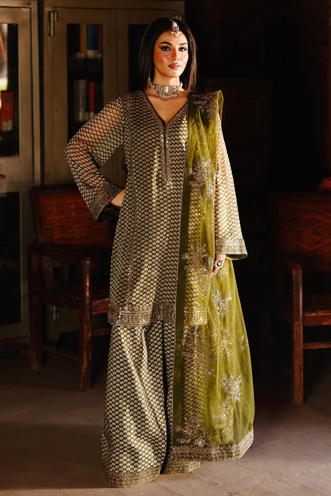 Charizma CMA-5-114A Fumes green chiffon Farshi embroidered 3PC suit