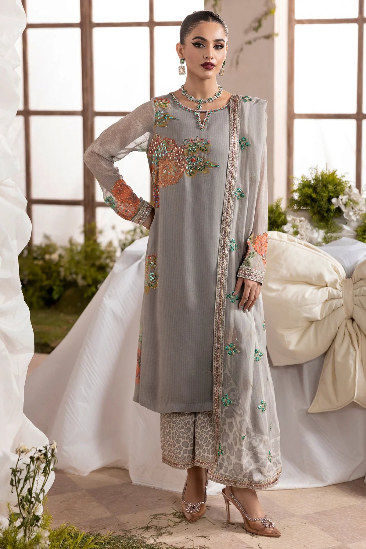 Charizma Mi-Amor CMA-5-116 grey raw silk stitched suit with printed raw silk trousers and chiffon dupatta at Pakistanimoda.