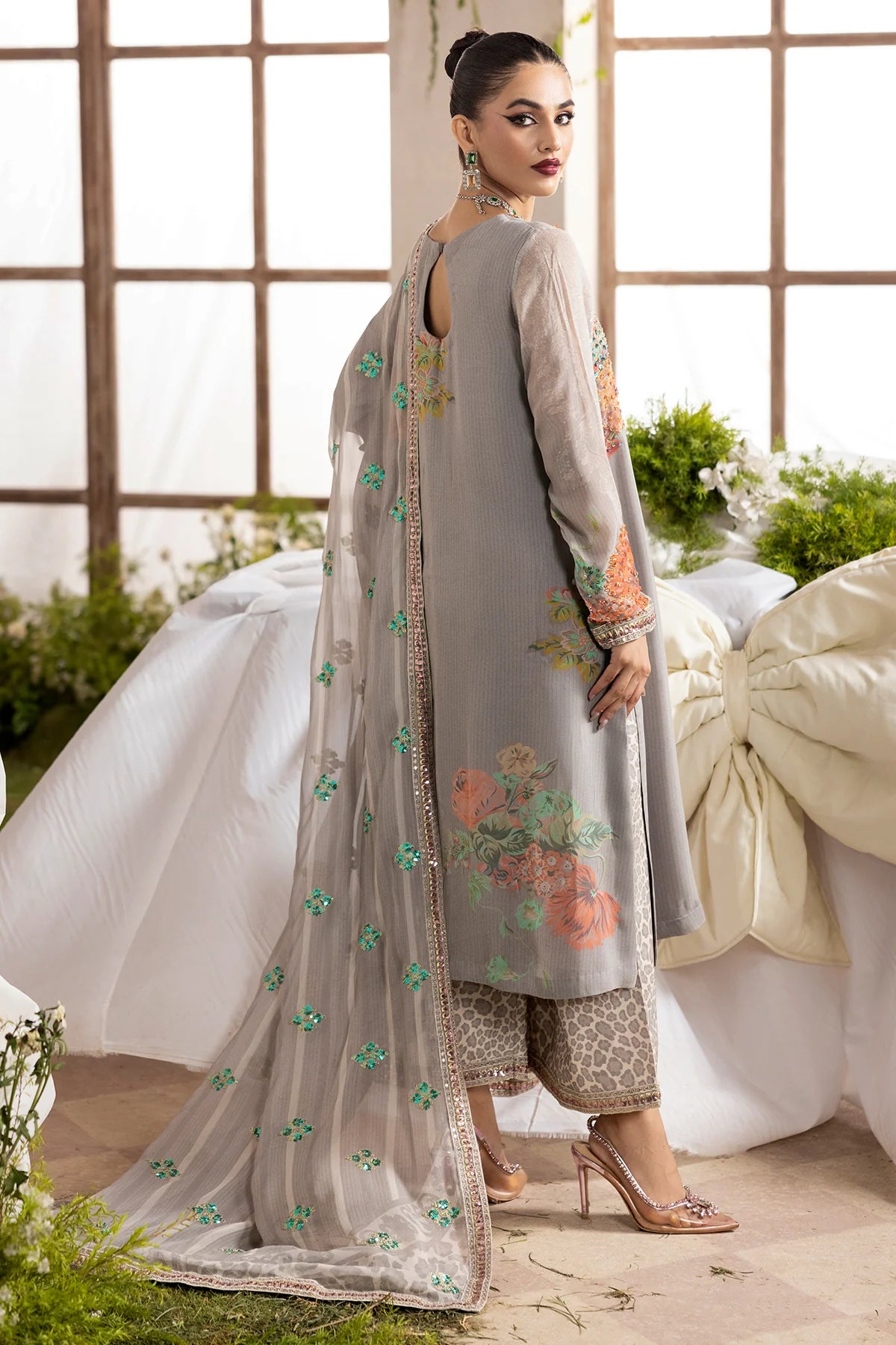 Charizma Mi-Amor CMA-5-116 grey raw silk stitched suit with printed raw silk trousers and chiffon dupatta at Pakistanimoda.