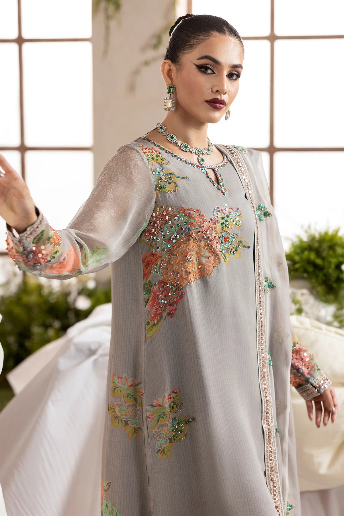 Charizma Mi-Amor CMA-5-116 grey raw silk stitched suit with printed raw silk trousers and chiffon dupatta at Pakistanimoda.