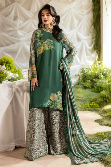 Charizma Mi-Amor CMA-5-117 teal raw silk stitched suit with printed raw silk trousers and chiffon dupatta at Pakistanimoda.