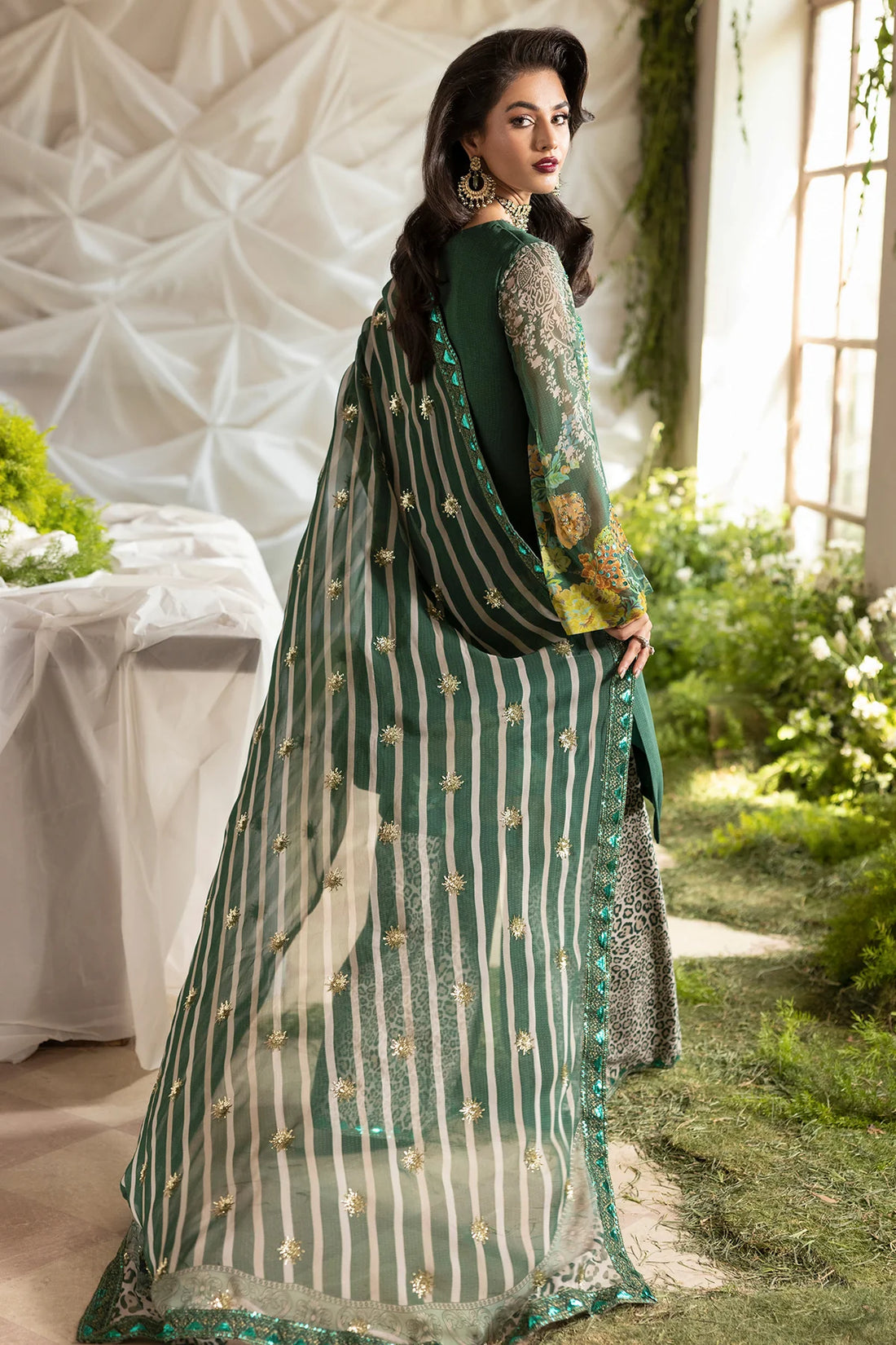 Charizma Mi-Amor CMA-5-117 teal raw silk stitched suit with printed raw silk trousers and chiffon dupatta at Pakistanimoda.