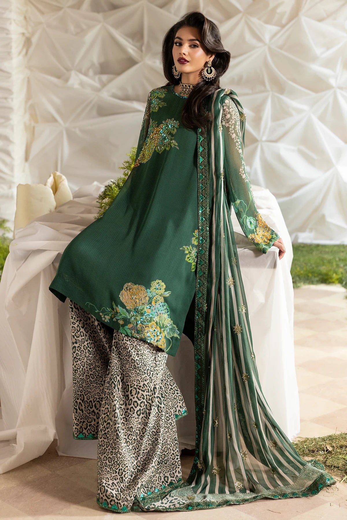Charizma Mi-Amor CMA-5-117 teal raw silk stitched suit with printed raw silk trousers and chiffon dupatta at Pakistanimoda.
