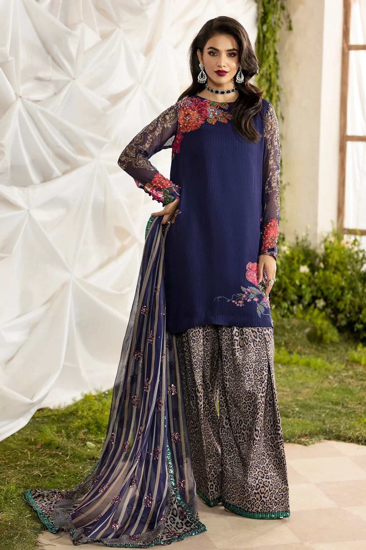 Charizma Mi-Amor CMA-5-118 navy raw silk stitched suit with printed raw silk trousers and chiffon dupatta at Pakistanimoda.
