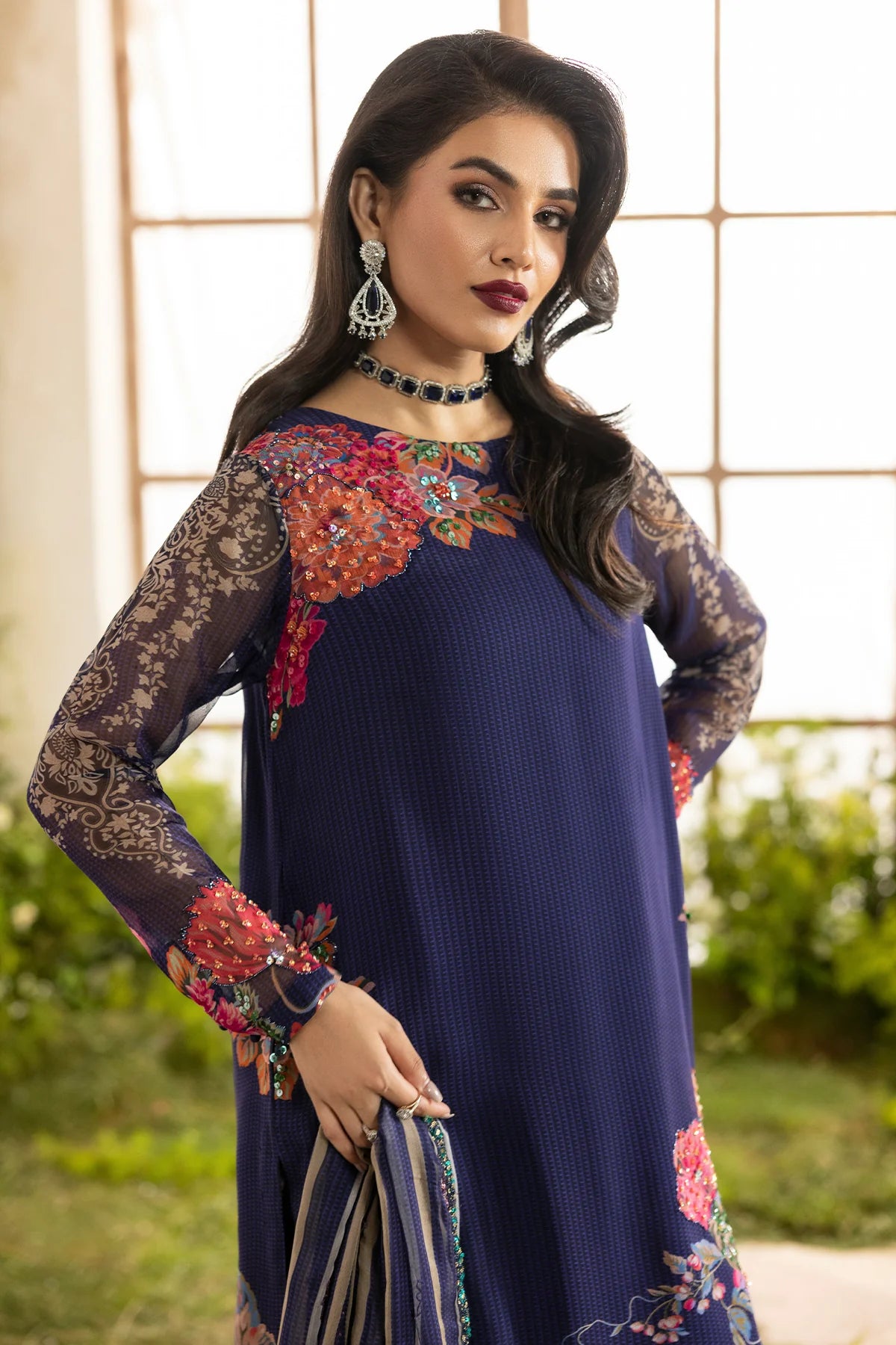 Charizma Mi-Amor CMA-5-118 navy raw silk stitched suit with printed raw silk trousers and chiffon dupatta at Pakistanimoda.