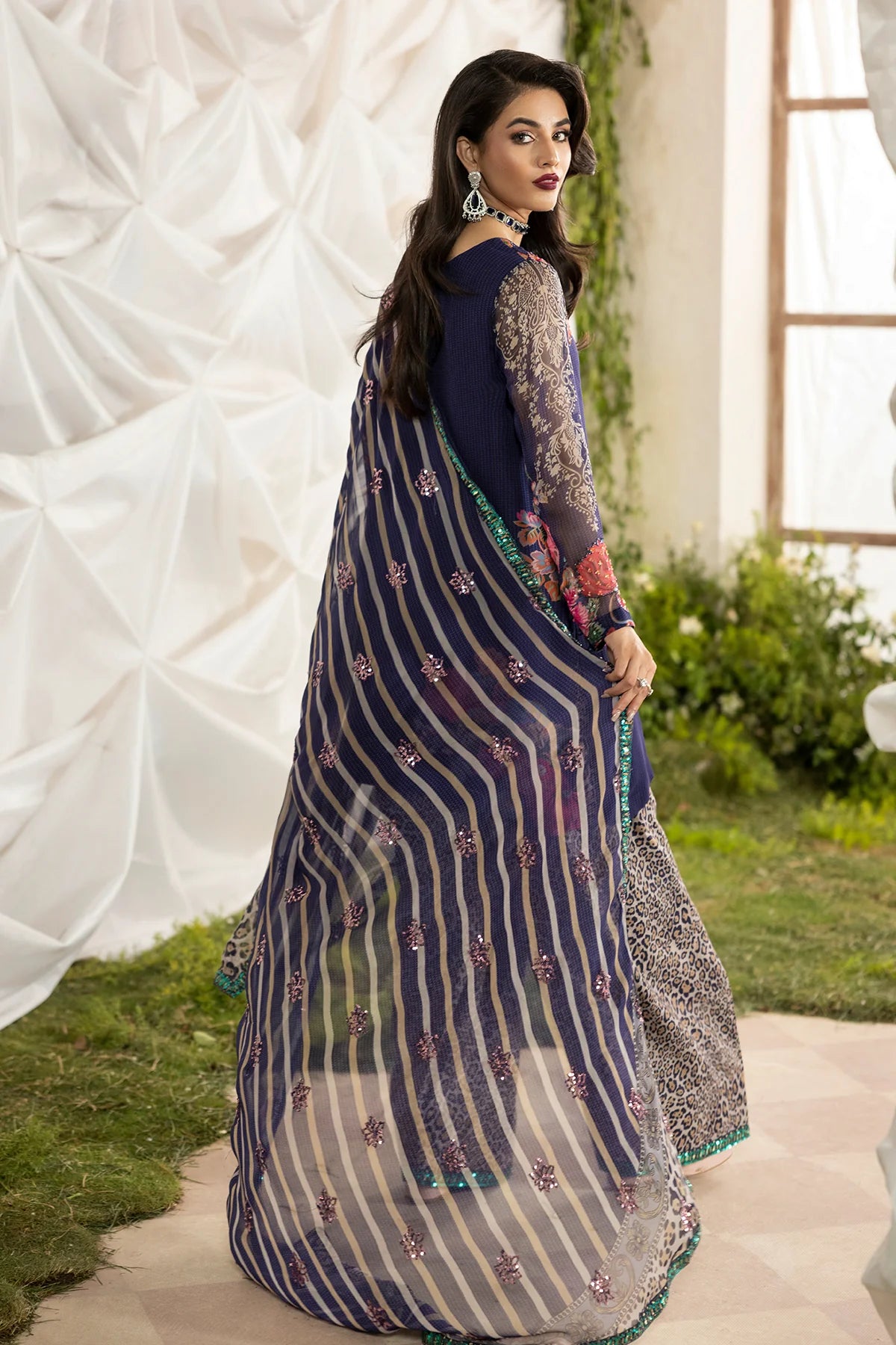 Charizma Mi-Amor CMA-5-118 navy raw silk stitched suit with printed raw silk trousers and chiffon dupatta at Pakistanimoda.