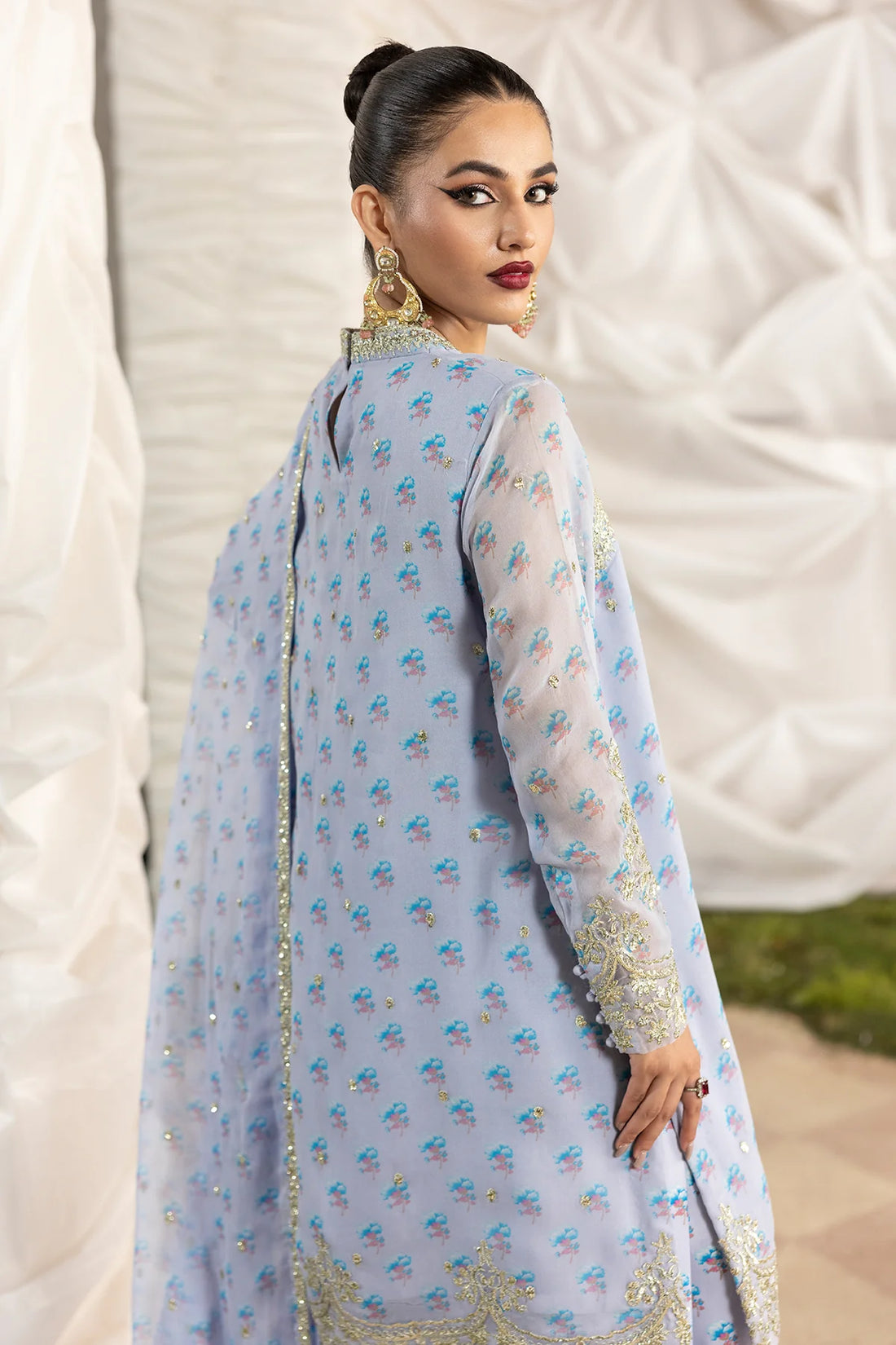CMA-5-119A Charizma Powder Blue Chiffon 3PC Embroidered Suit – designer outfit with floral embroidery, raw silk trouser & chiffon dupatta. Shop at Pakistanimoda.com.
