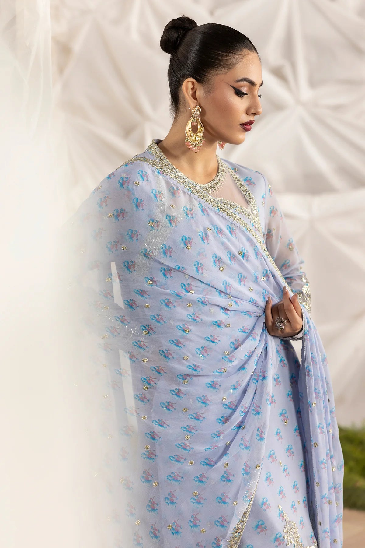 CMA-5-119A Charizma Powder Blue Chiffon 3PC Embroidered Suit – designer outfit with floral embroidery, raw silk trouser & chiffon dupatta. Shop at Pakistanimoda.com.