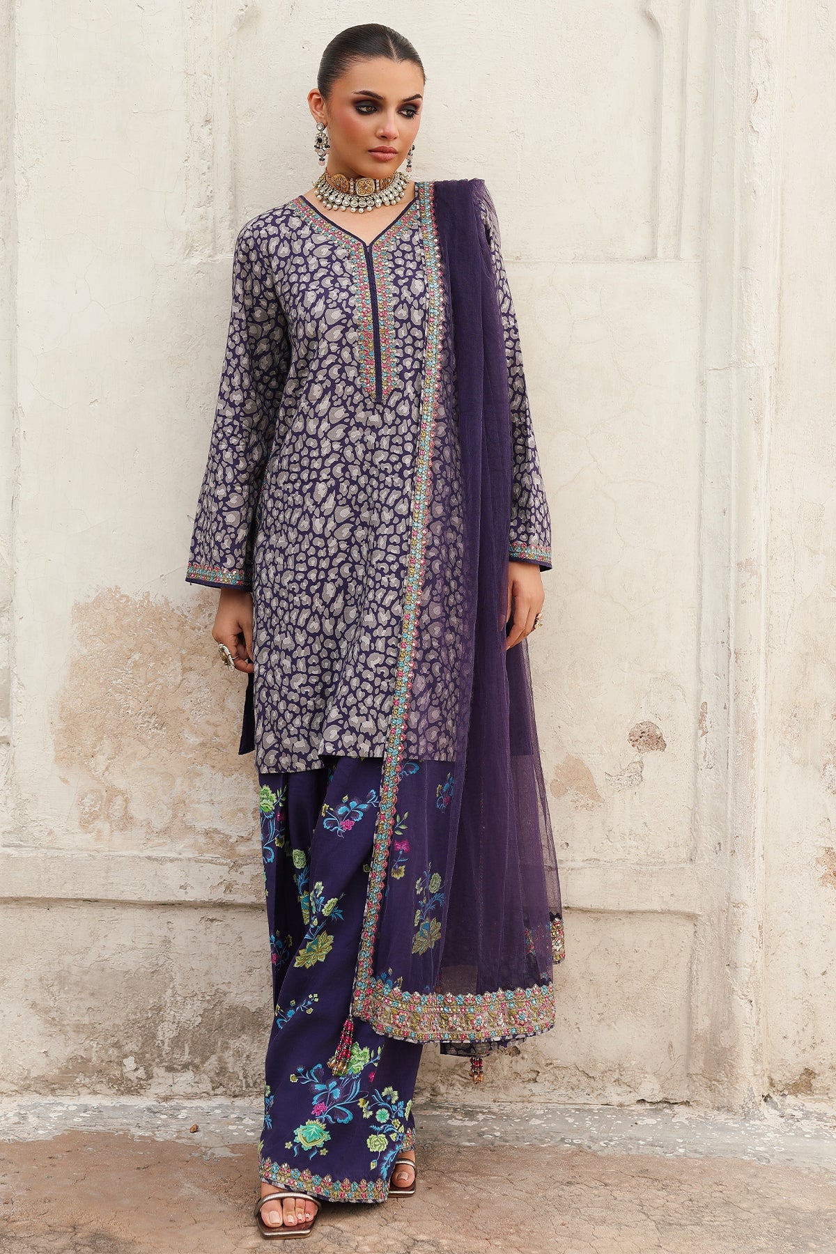 CMA-5-121A handcrafted lavender embroidered raw silk 3-piece suit with printed shalwar and poly net dupatta – festive Pakistani outfit at Pakistanimoda.com.